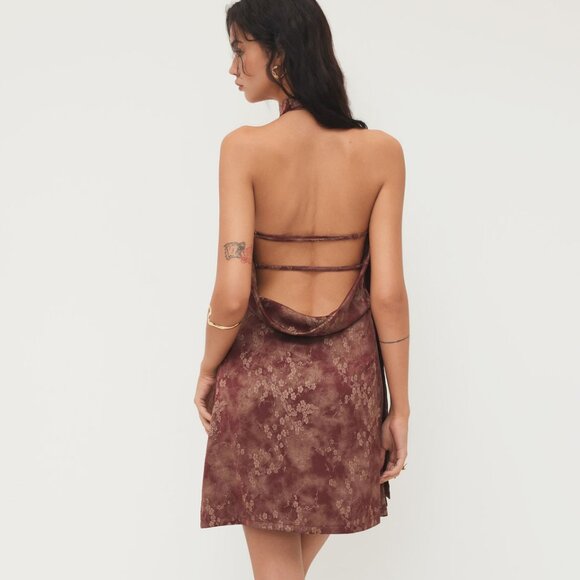 Free People Cherry Blossom Oriental Satin Floral Backless Mini Dress With Scarf - Picture 8 of 9